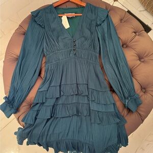 Anthropologie Teal Ruffled Long Sleeve Dress
